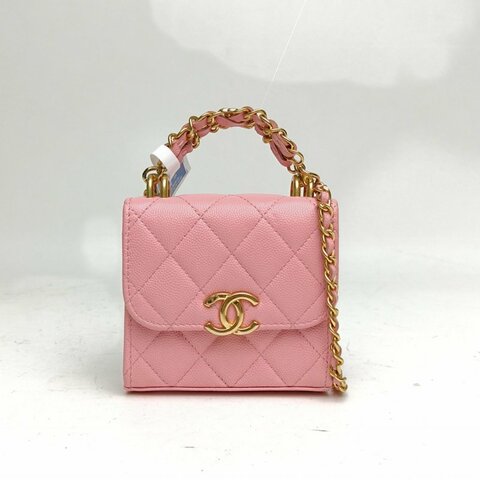 CHANEL 粉色荔枝牛皮金扣22K雙鏈條手柄小廢包肩背包