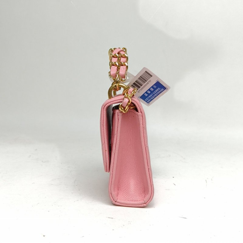 CHANEL 粉色荔枝牛皮金扣22K雙鏈條手柄小廢包肩背包-1