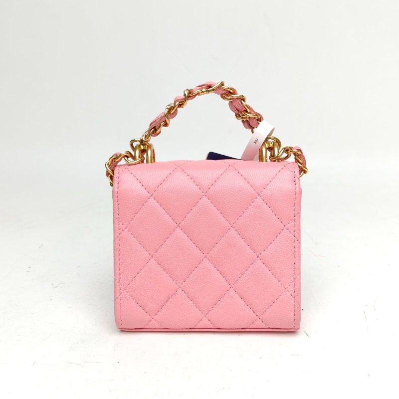 CHANEL 粉色荔枝牛皮金扣22K雙鏈條手柄小廢包肩背包-2