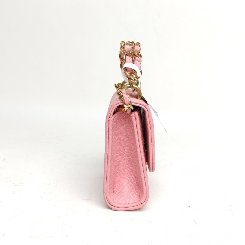 CHANEL 粉色荔枝牛皮金扣22K雙鏈條手柄小廢包肩背包-3