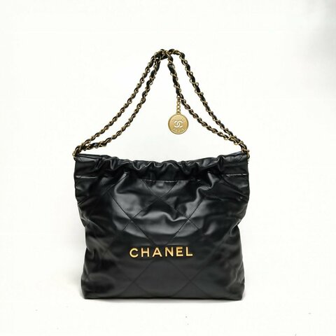 CHANEL 22BagTote托特包小號黑色牛皮晶片金扣肩背包