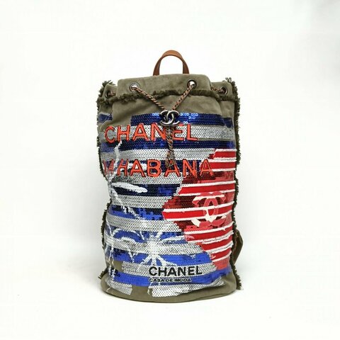 CHANEL 拼色珠片帆布23開銀扣古巴系列牛仔雙肩肩背包