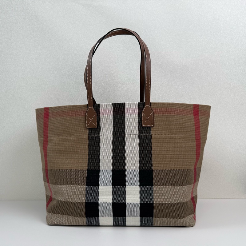 99新✨Burberry格紋帆布拼皮托特包購物袋,正品保障-2