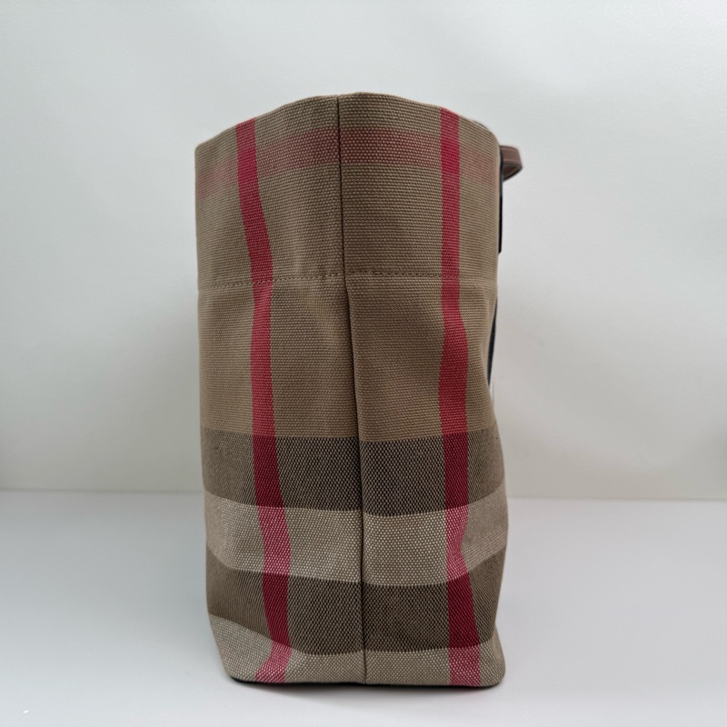 99新✨Burberry格紋帆布拼皮托特包購物袋,正品保障-3