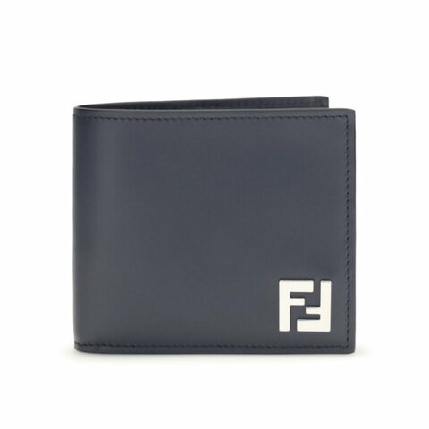 【FENDI 芬迪】FF Squared Bifold 雙折 FF帆布細節 皮革 卡夾 皮夾 短夾 深藍色 7M0356AV86F1USH