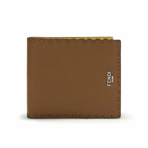 【FENDI 芬迪】Selleria Bifold 雙折 手工縫線 皮革 皮夾 卡夾 短夾 棕褐色 向日葵黃色 7M0193AW2FF1WL1