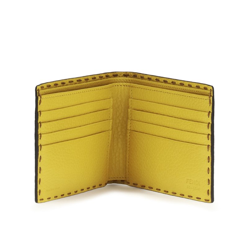 【FENDI 芬迪】Selleria Bifold 雙折 手工縫線 皮革 皮夾 卡夾 短夾 棕褐色 向日葵黃色 7M0193AW2FF1WL1-1