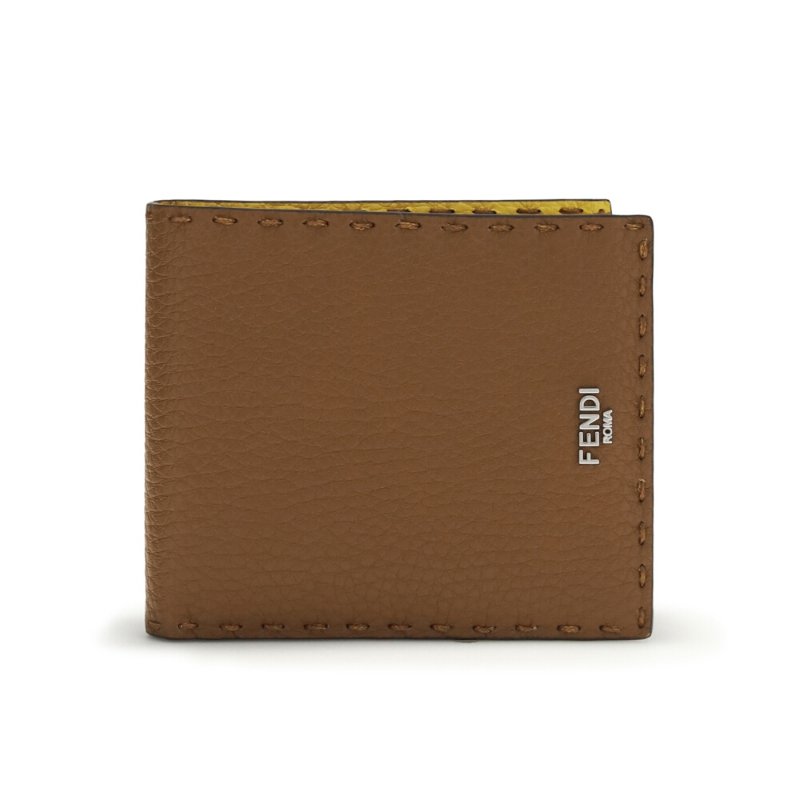 【FENDI 芬迪】Selleria Bifold 雙折 手工縫線 皮革 皮夾 卡夾 短夾 棕褐色 向日葵黃色 7M0193AW2FF1WL1-3