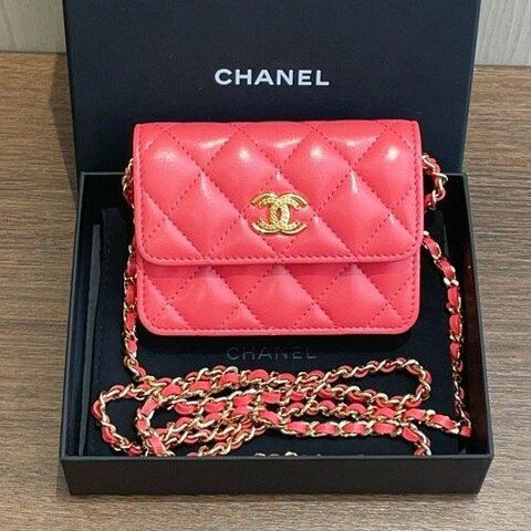 香奈兒/Chanel 珊瑚粉 VIC 菱格紋鏈條斜背包