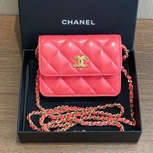 香奈兒/Chanel 珊瑚粉 VIC 菱格紋鏈條斜背包-0