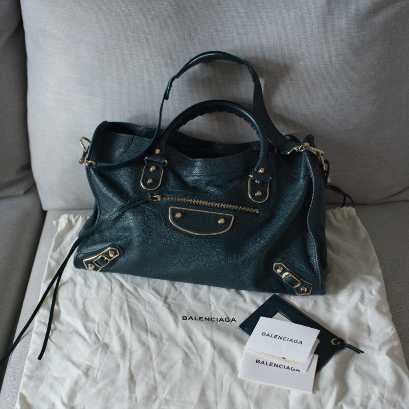 Balenciaga 巴黎世家 City Classic Metallic Edge 390154 金釦 墨綠色金邊機車包-0
