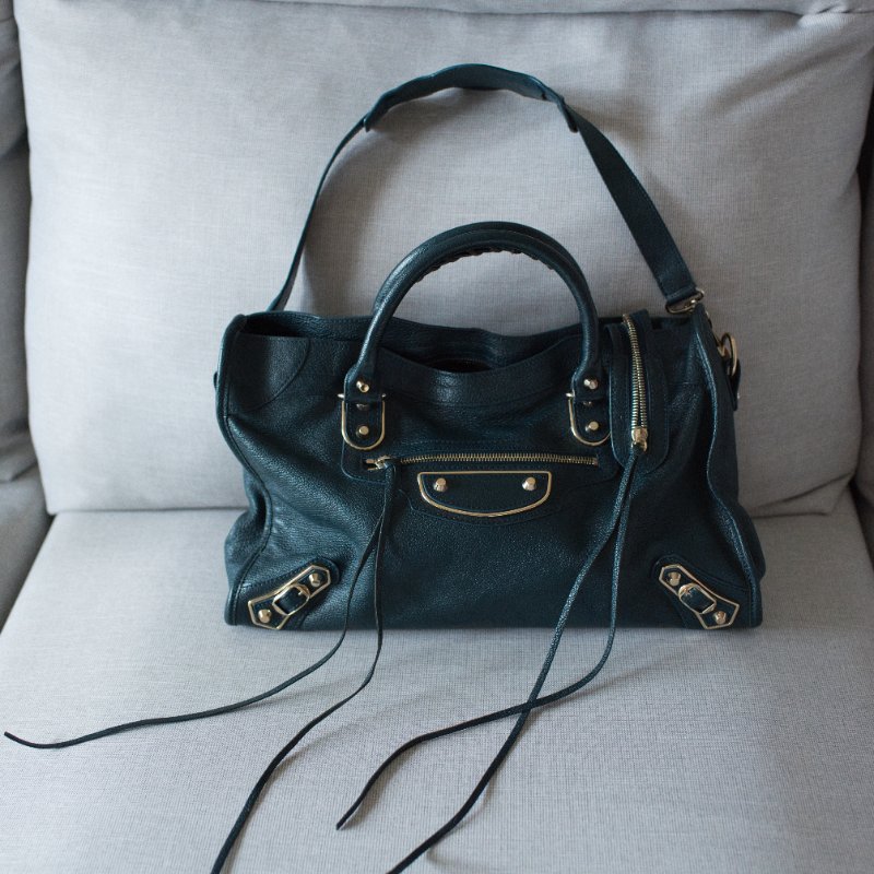 Balenciaga 巴黎世家 City Classic Metallic Edge 390154 金釦 墨綠色金邊機車包-1
