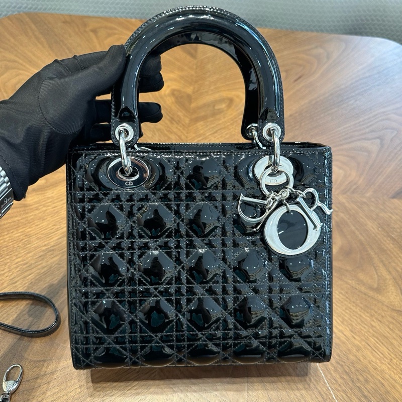 Dior迪奧戴妃五格 黑銀漆皮手提單肩包，原始好成色，12編碼底長24-1