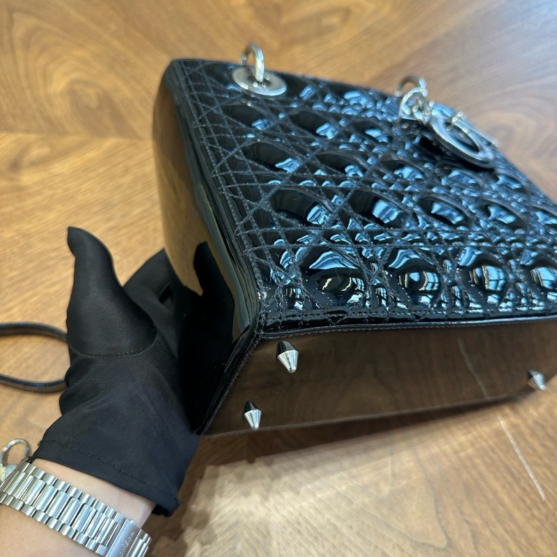 Dior迪奧戴妃五格 黑銀漆皮手提單肩包，原始好成色，12編碼底長24-4