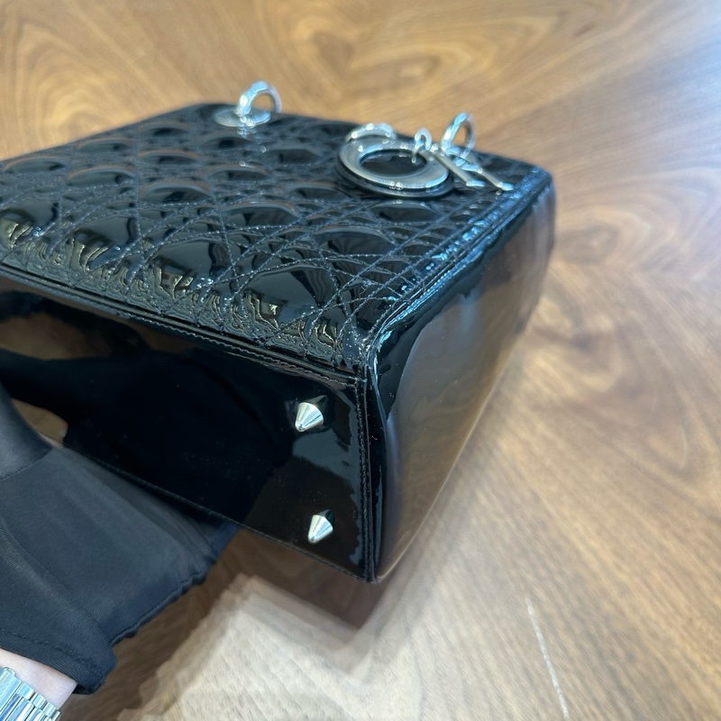 Dior迪奧戴妃五格 黑銀漆皮手提單肩包，原始好成色，12編碼底長24-5