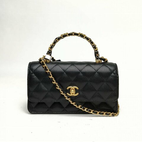 CHANEL 黑色荔枝牛皮鐳射標金扣25B手柄風琴包黑金肩背包