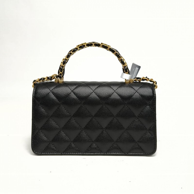 CHANEL 黑色荔枝牛皮鐳射標金扣25B手柄風琴包黑金肩背包-2