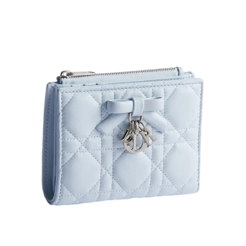 【Dior 迪奧】Lady Dior Dahlia 對折 籐格紋 羊皮 拉鍊 皮夾 卡夾 短夾 冰藍色 S2605PUQA_39Z-1