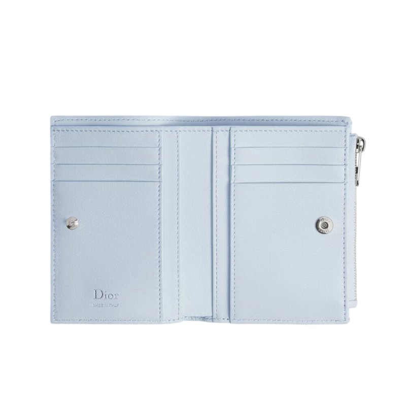 【Dior 迪奧】Lady Dior Dahlia 對折 籐格紋 羊皮 拉鍊 皮夾 卡夾 短夾 冰藍色 S2605PUQA_39Z-3