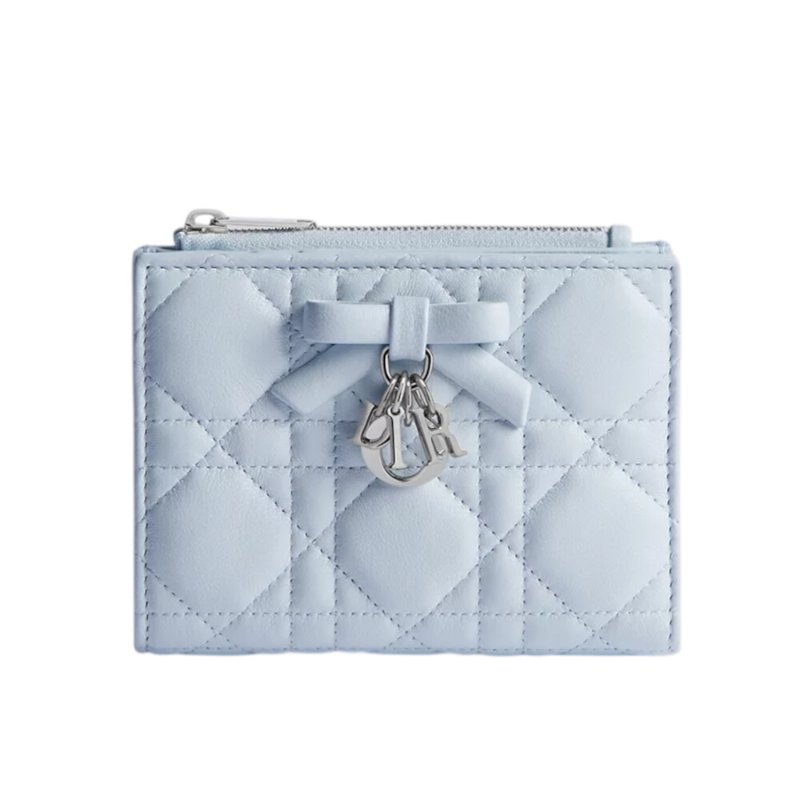 【Dior 迪奧】Lady Dior Dahlia 對折 籐格紋 羊皮 拉鍊 皮夾 卡夾 短夾 冰藍色 S2605PUQA_39Z-4