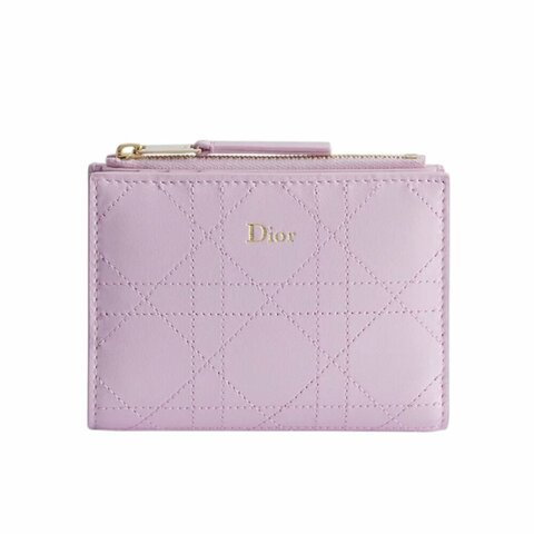 【Dior 迪奧】Trianon Dahlia 對折 籐格紋 羊皮 拉鍊 皮夾 卡夾 短夾 夢幻粉色 S4603OSQM_20N