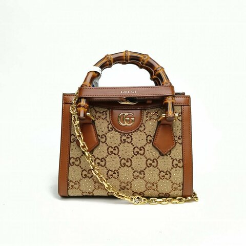 GUCCI 老花牛皮帆布水鑽金扣Diana戴安娜竹節手柄迷你肩背包