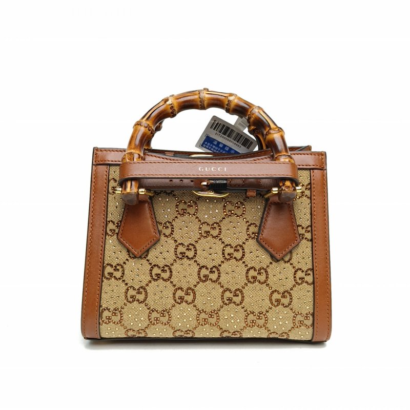 GUCCI 老花牛皮帆布水鑽金扣Diana戴安娜竹節手柄迷你肩背包-2