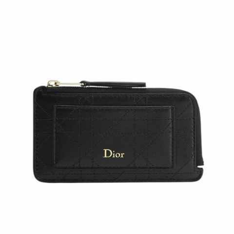 【Dior 迪奧】Trianon Cosmos 籐格紋 羊皮 拉鍊 皮夾 卡夾 零錢包 黑色 S4606OSQM_900