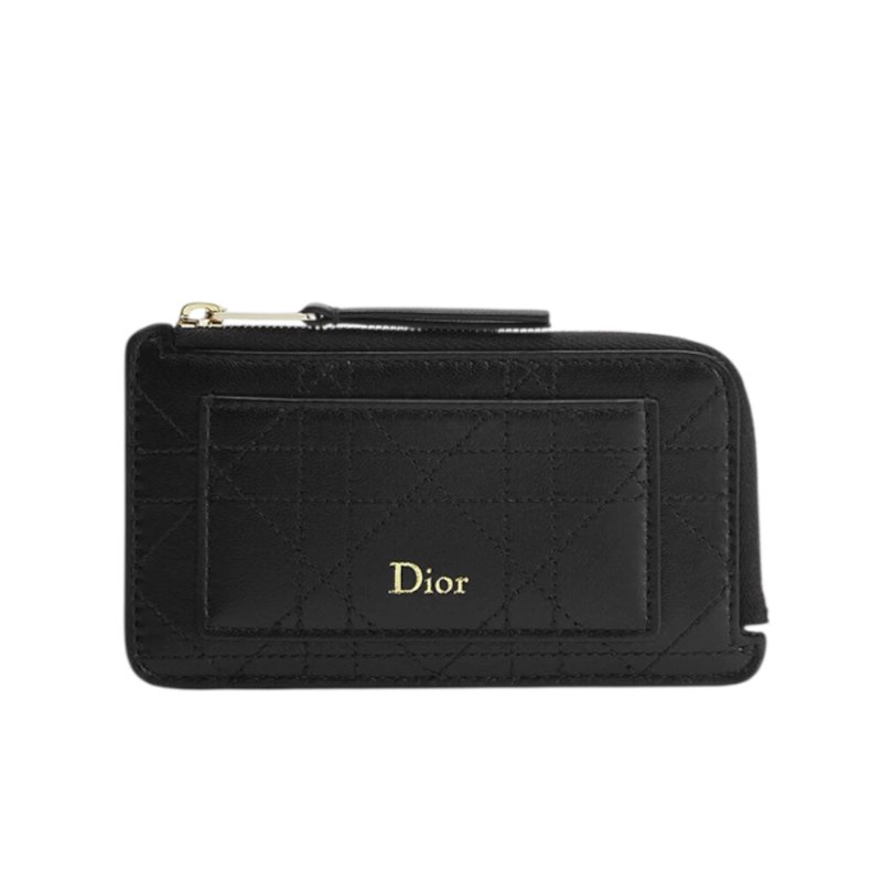 【Dior 迪奧】Trianon Cosmos 籐格紋 羊皮 拉鍊 皮夾 卡夾 零錢包 黑色 S4606OSQM_900-0