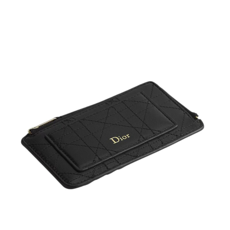 【Dior 迪奧】Trianon Cosmos 籐格紋 羊皮 拉鍊 皮夾 卡夾 零錢包 黑色 S4606OSQM_900-1