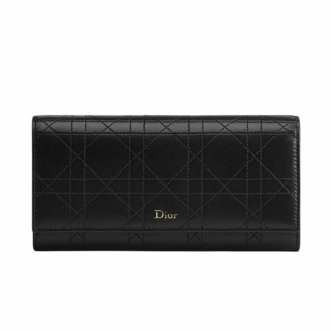 【Dior 迪奧】Trianon Orchid 掀蓋 籐格紋 羊皮 拉鍊 皮夾 卡夾 長夾 黑色 S4608OSQM_900