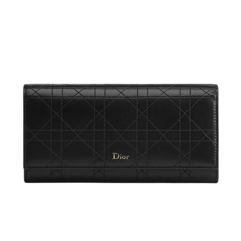 【Dior 迪奧】Trianon Orchid 掀蓋 籐格紋 羊皮 拉鍊 皮夾 卡夾 長夾 黑色 S4608OSQM_900-0