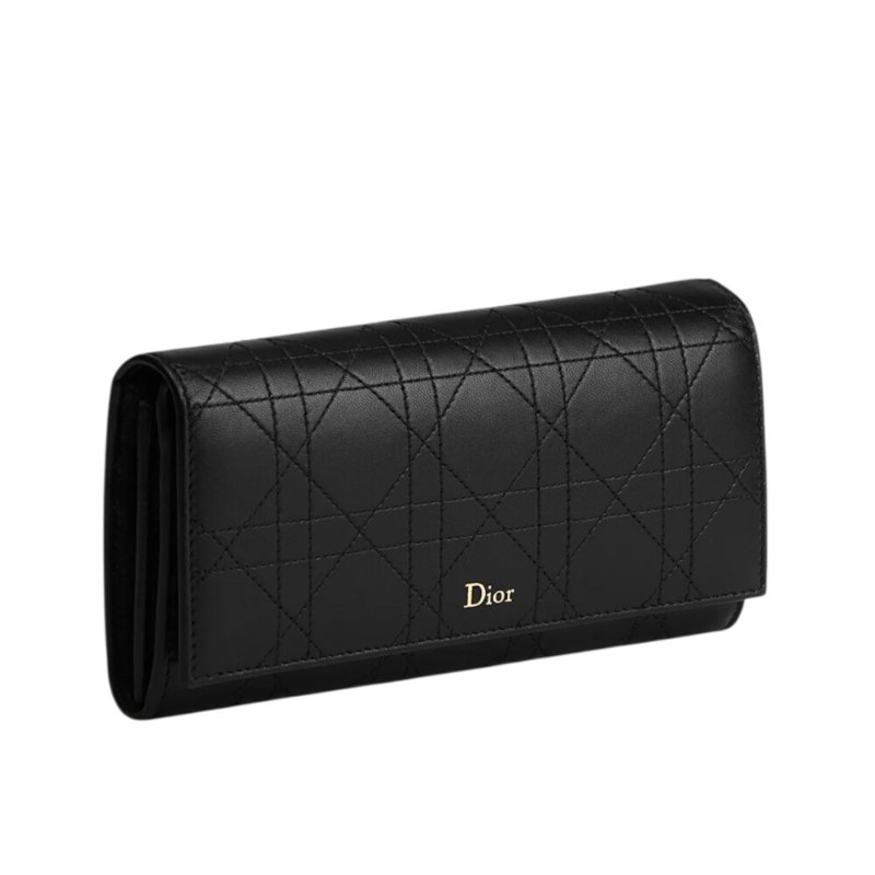 【Dior 迪奧】Trianon Orchid 掀蓋 籐格紋 羊皮 拉鍊 皮夾 卡夾 長夾 黑色 S4608OSQM_900-1