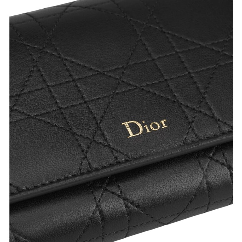 【Dior 迪奧】Trianon Orchid 掀蓋 籐格紋 羊皮 拉鍊 皮夾 卡夾 長夾 黑色 S4608OSQM_900-2