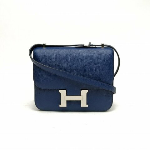 HERMES Constance康康19瑪瑙藍Epsom皮W刻銀扣肩背包
