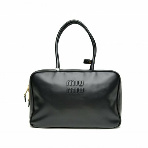 MIU MIU 保齡球公事包logo刻印徽標長手柄黑色牛皮肩背包