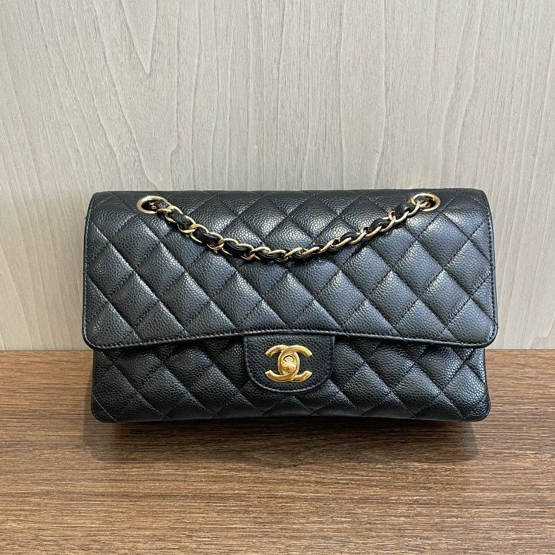 香奈兒/Chanel CF中號 黑金荔枝皮鏈條包-0
