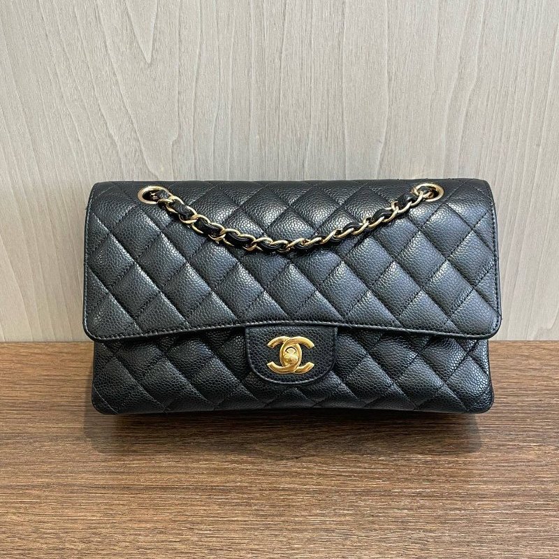 香奈兒/Chanel CF中號 黑金荔枝皮鏈條包-5