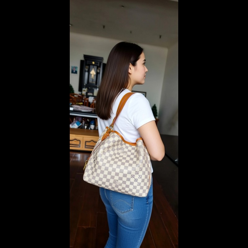 【絕版珍藏】LV Louis Vuitton Delightful PM 白棋盤格肩背包 (Damier Azur)-5