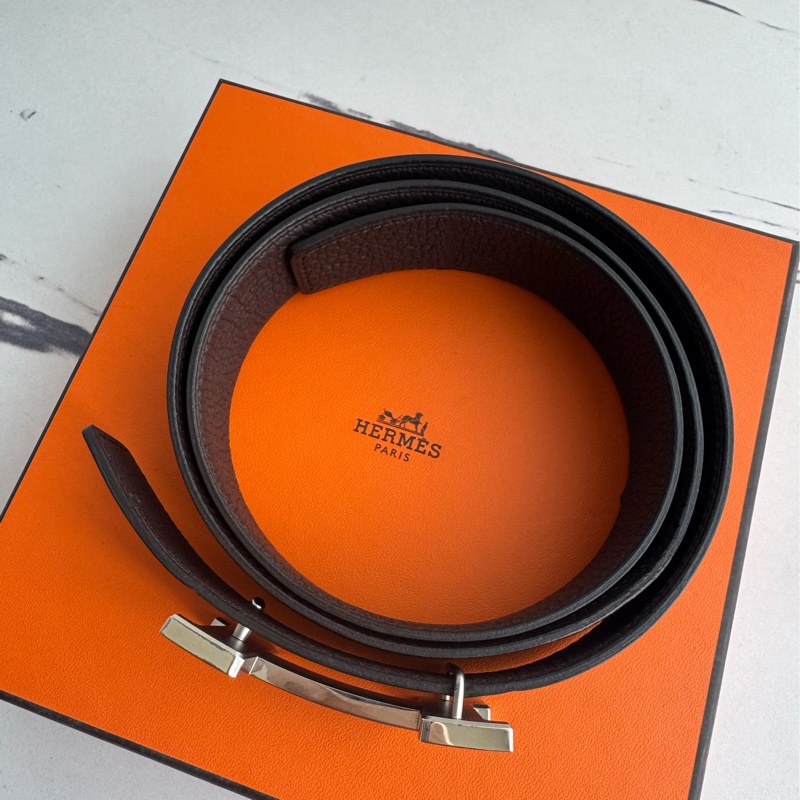 Hermes 黑/深咖雙面銀大H皮帶90cm-1