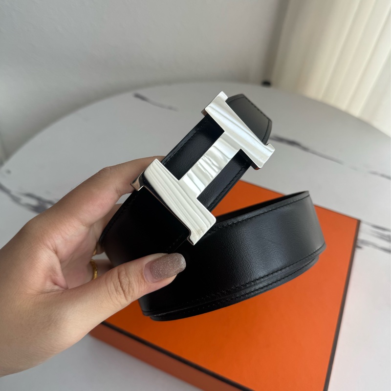 Hermes 黑/深咖雙面銀大H皮帶90cm-3