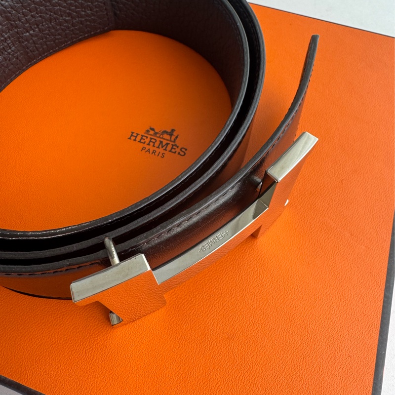 Hermes 黑/深咖雙面銀大H皮帶90cm-4