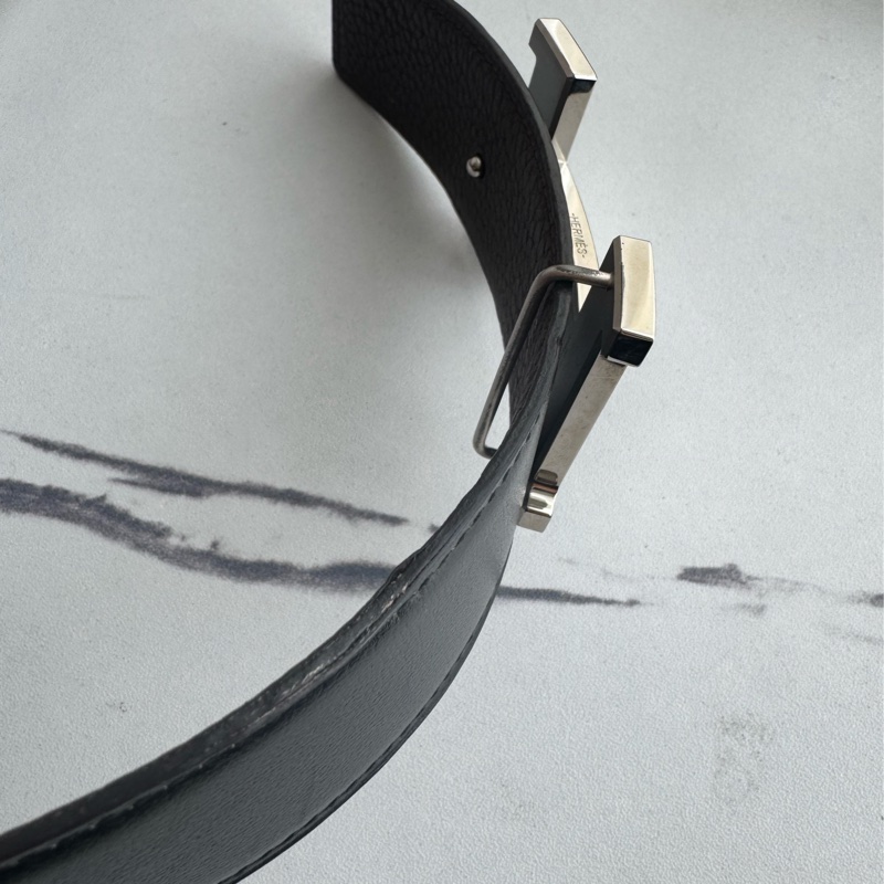 Hermes 黑/深咖雙面銀大H皮帶90cm-13