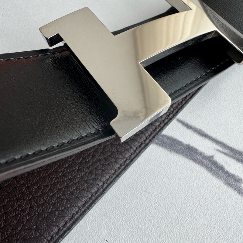 Hermes 黑/深咖雙面銀大H皮帶90cm-14
