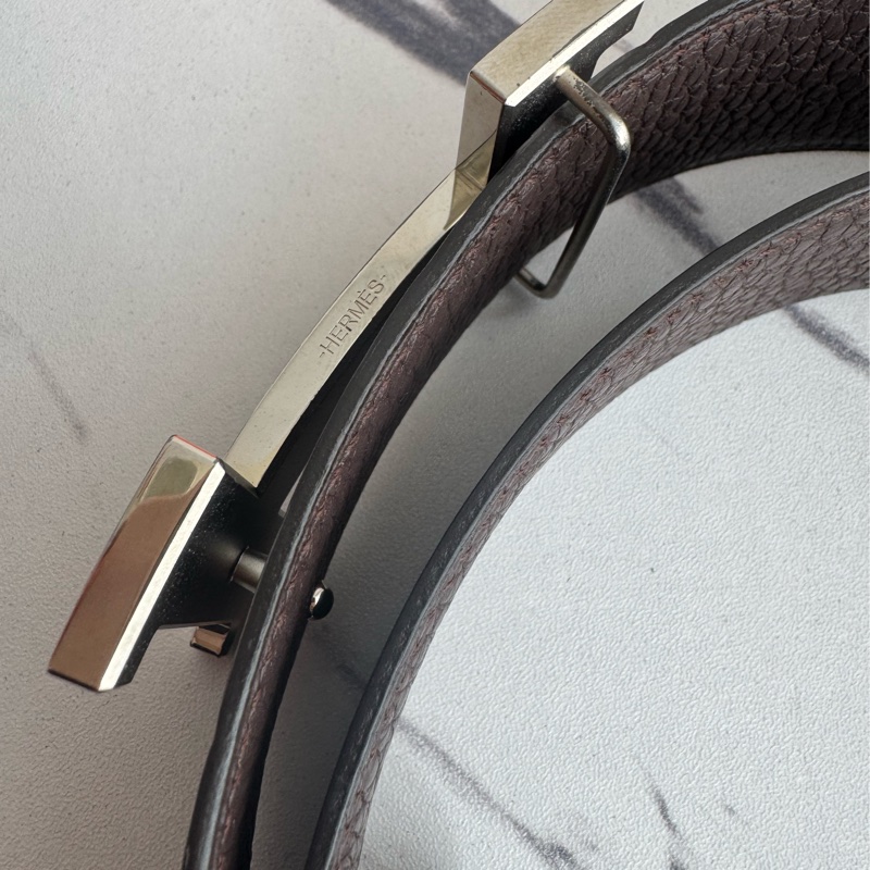 Hermes 黑/深咖雙面銀大H皮帶90cm-22