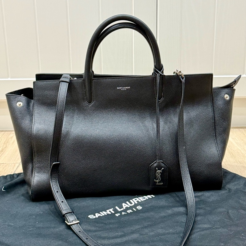 YSL 中型 Cabas Rive Gauche 黑色顆粒紋牛皮手提肩背包-8