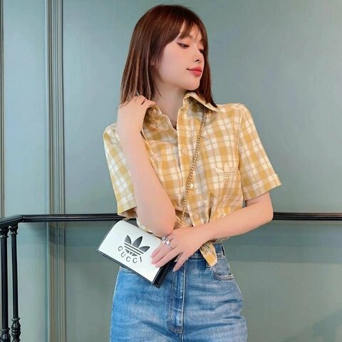 💎Han's house精品服飾💎GUCCI 古馳 聯名 愛迪達 adidas 刺繡 格紋 襯衫  現貨 S