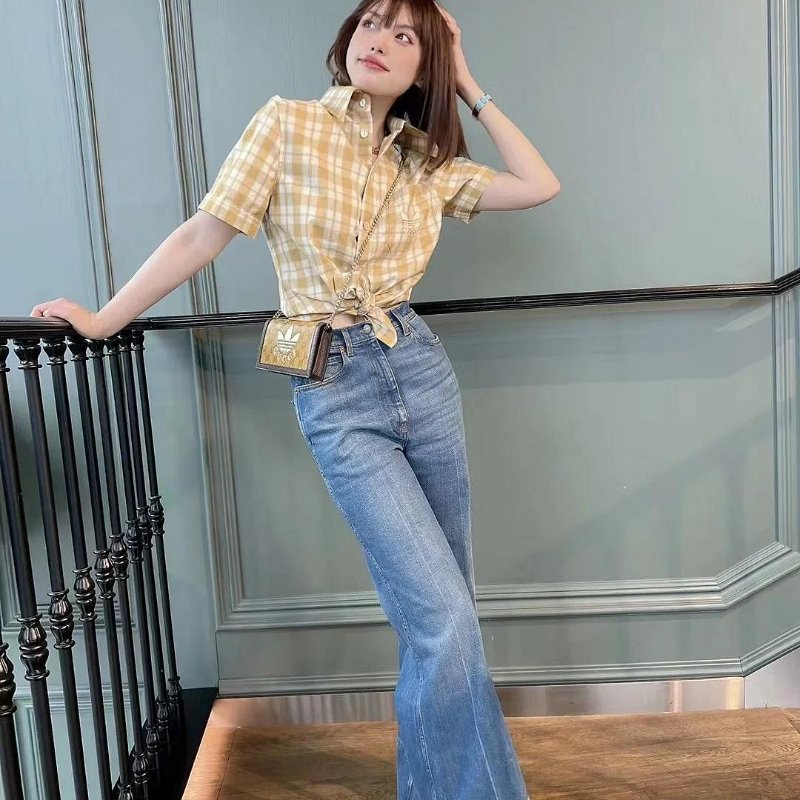 💎Han's house精品服飾💎GUCCI 古馳 聯名 愛迪達 adidas 刺繡 格紋 襯衫  現貨 S-5