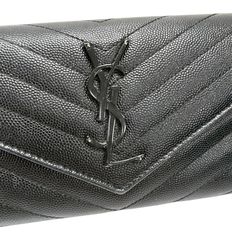 黑色 粒面壓紋 牛皮 Cassandre 大型 翻蓋錢包 扣式 長夾【SAINT LAURENT YSL 聖羅蘭】 372264-4
