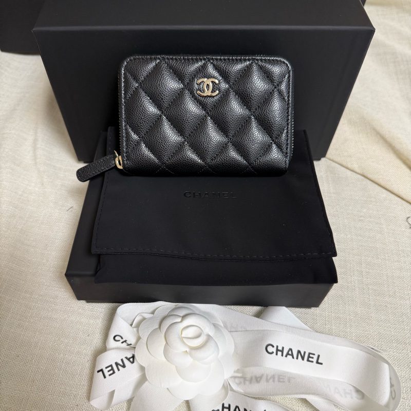Chanel 加大拉鍊 零錢包 卡包 黑金荔枝牛皮-0